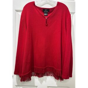 Nina Leonard Red Button Keyhole Knit Sweater Fringe Hem Women's Plus Size 2X